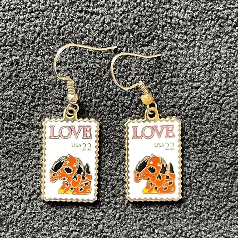 USPS Puppy Love 22 cent stamp vintage earrings from the 1986 stamp series.